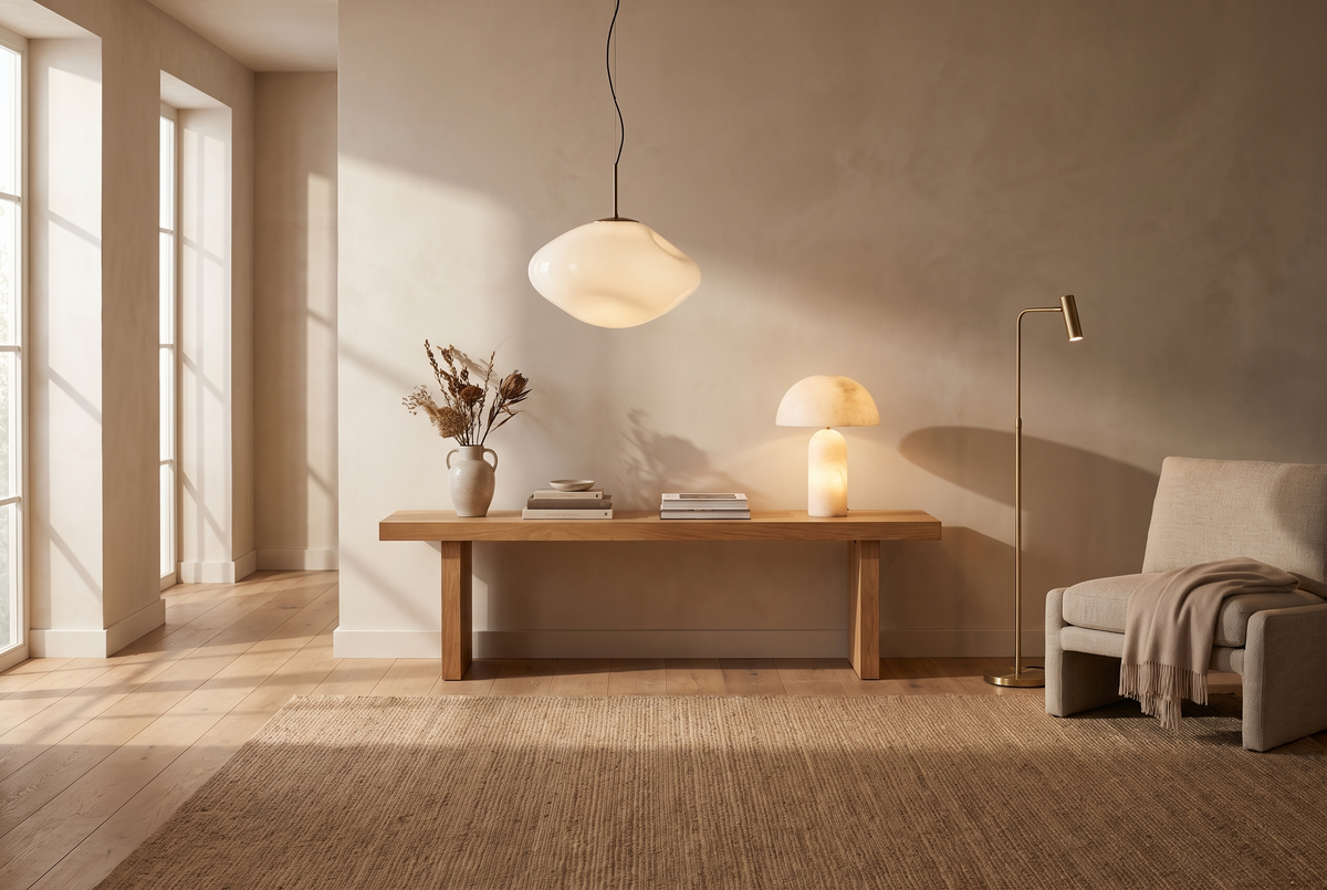 Designer lighting in a warm sunlit interior