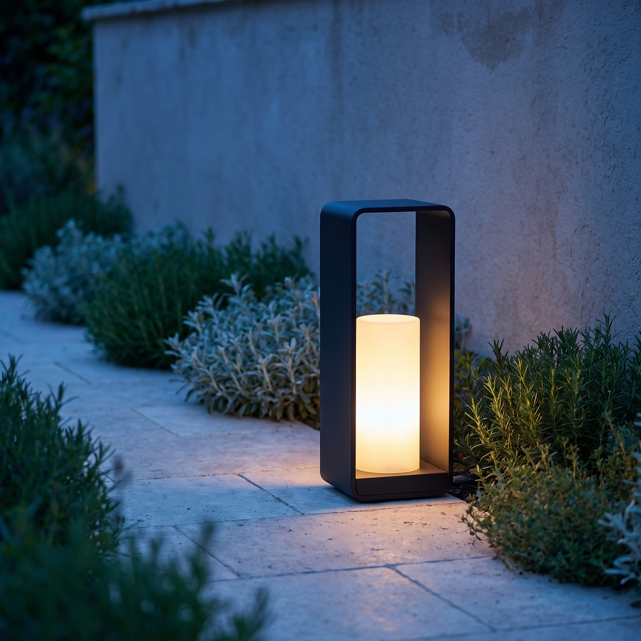 Solar garden path light glowing beside a stone path at dusk
