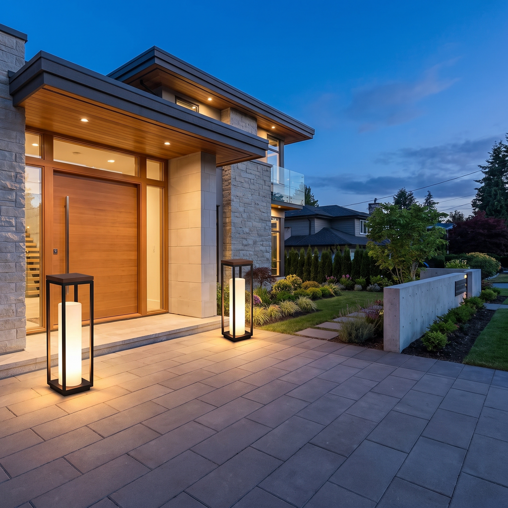 Solar garden path lights at a house entrance, shown for scale