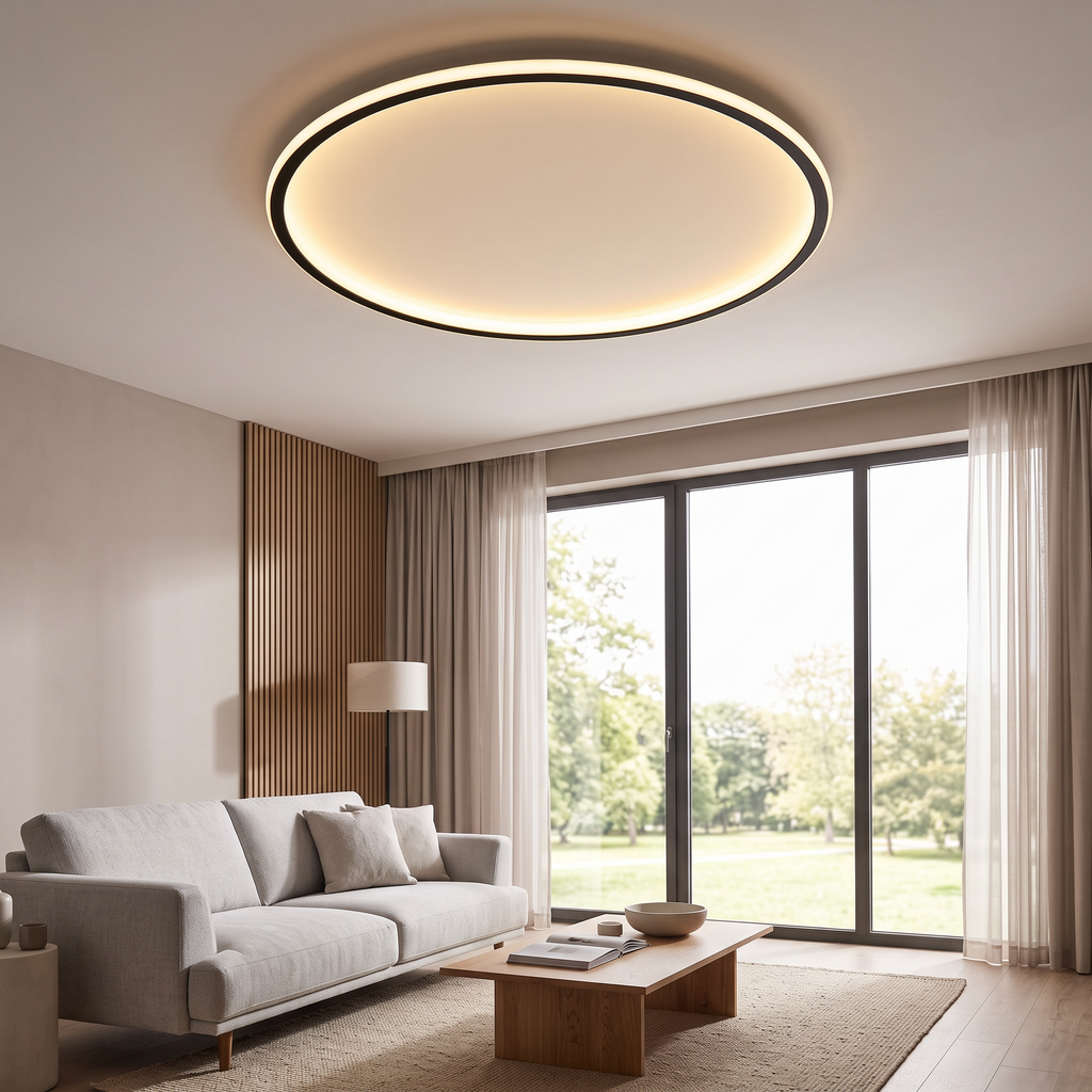 Slimline round ceiling light shown in a full living room for scale