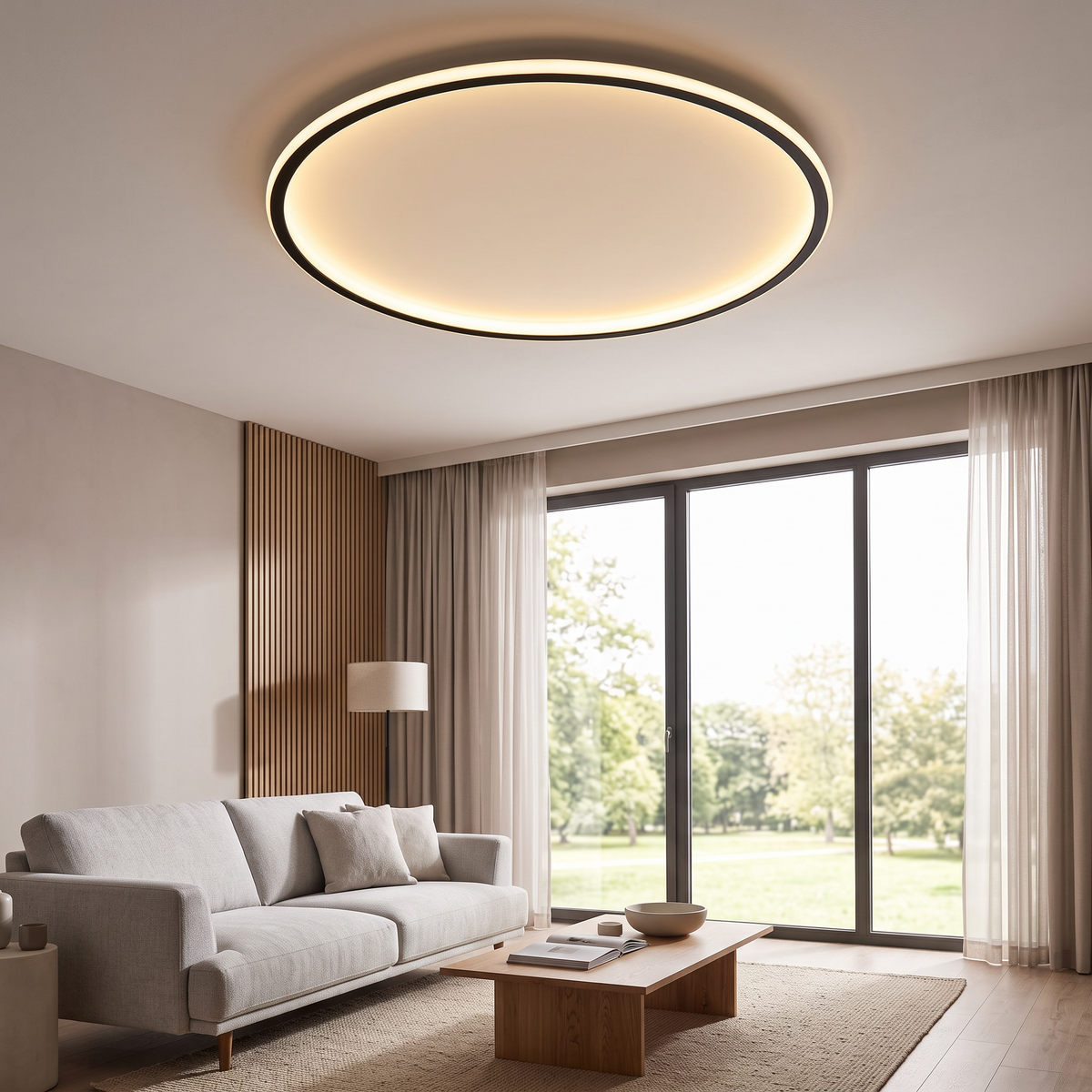 Slimline round ceiling light shown in a full living room for scale