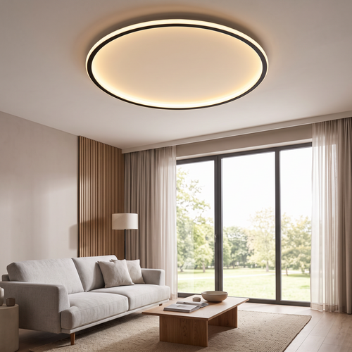 Slimline round ceiling light shown in a full living room for scale