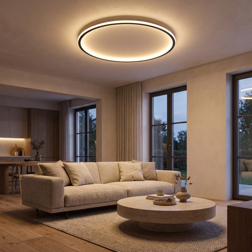 Slimline round ceiling light lit in a contemporary living room