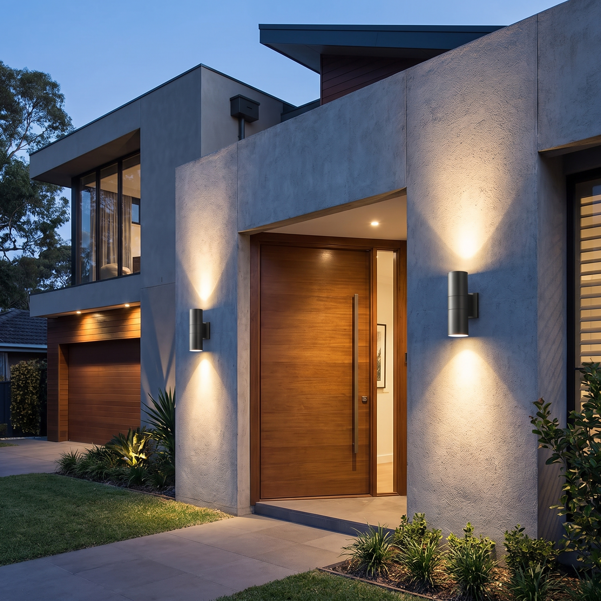 Two up and down outdoor wall lights flanking a house entrance, shown for scale