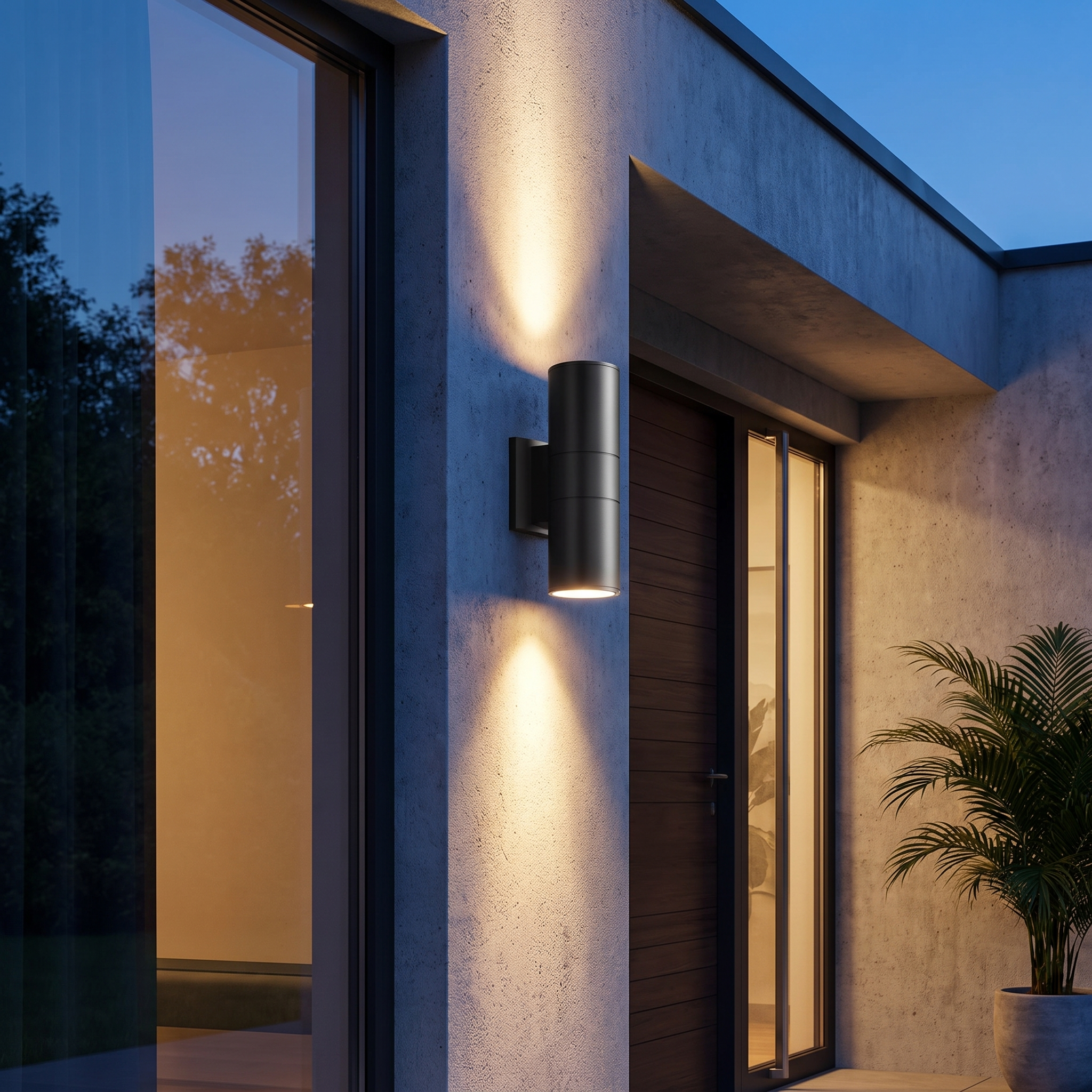 Up and down outdoor wall light casting light columns on an exterior wall at dusk