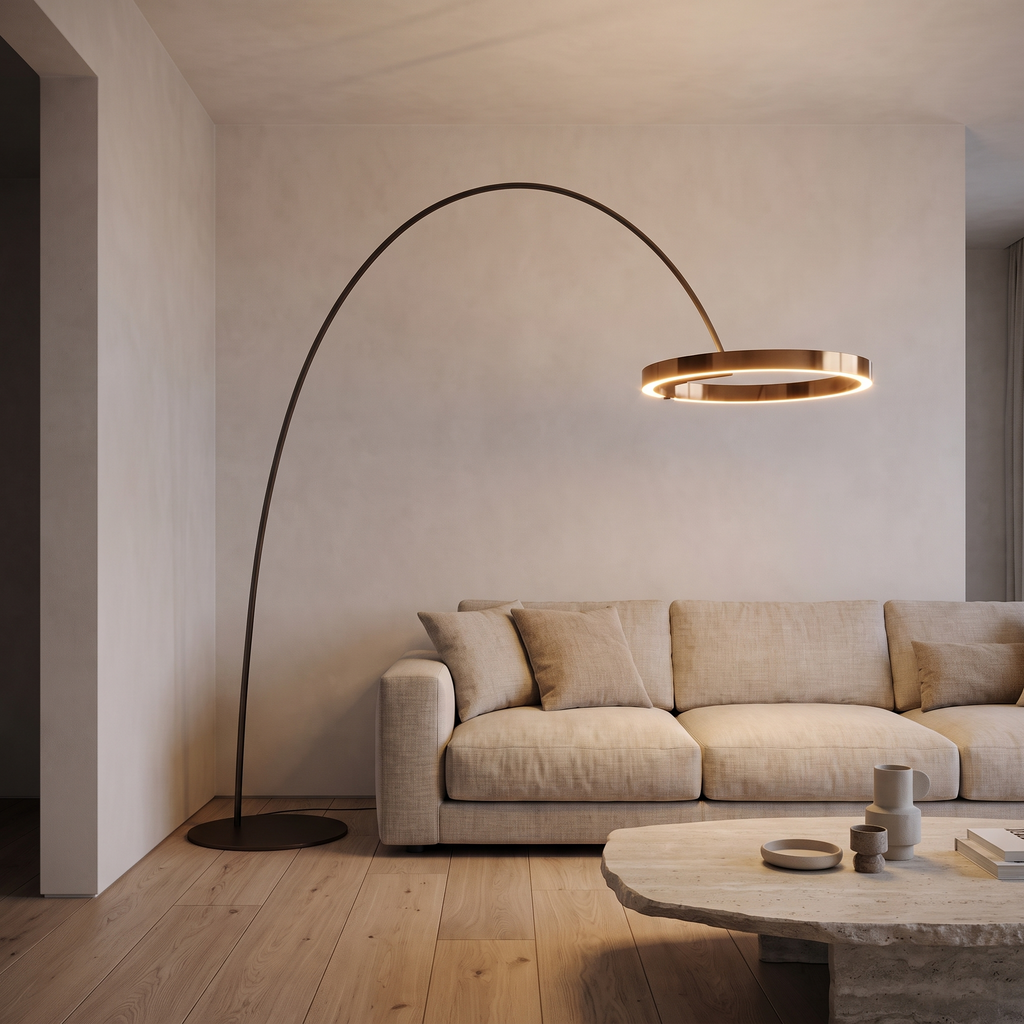 Arc ring floor lamp reaching over a sofa in a contemporary living room