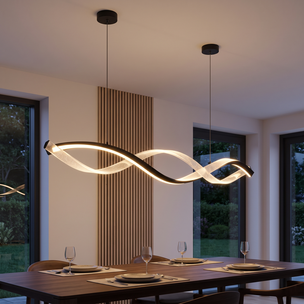 Wave pendant light suspended over a dining table