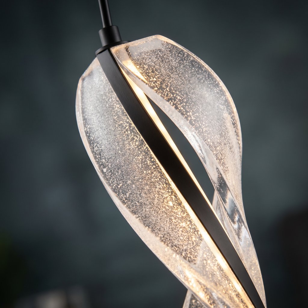 Close detail of the textured acrylic ribbon and its lit spine