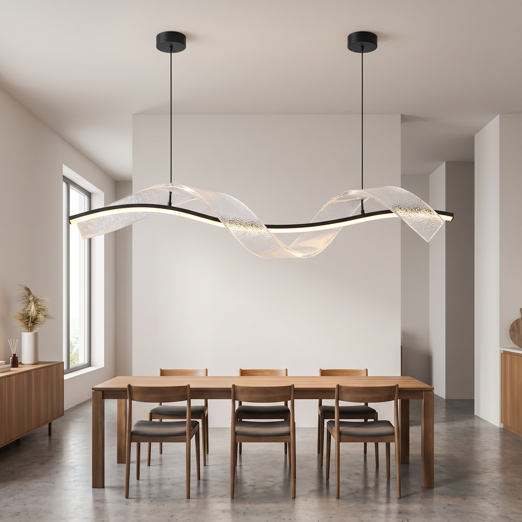 Wave pendant light shown in a full dining room for scale