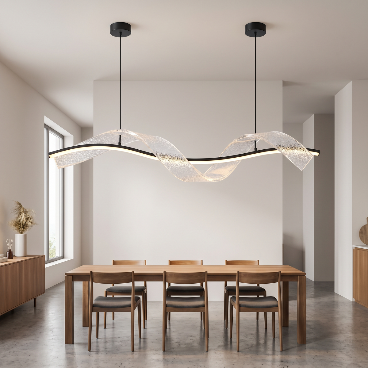 Wave pendant light shown in a full dining room for scale