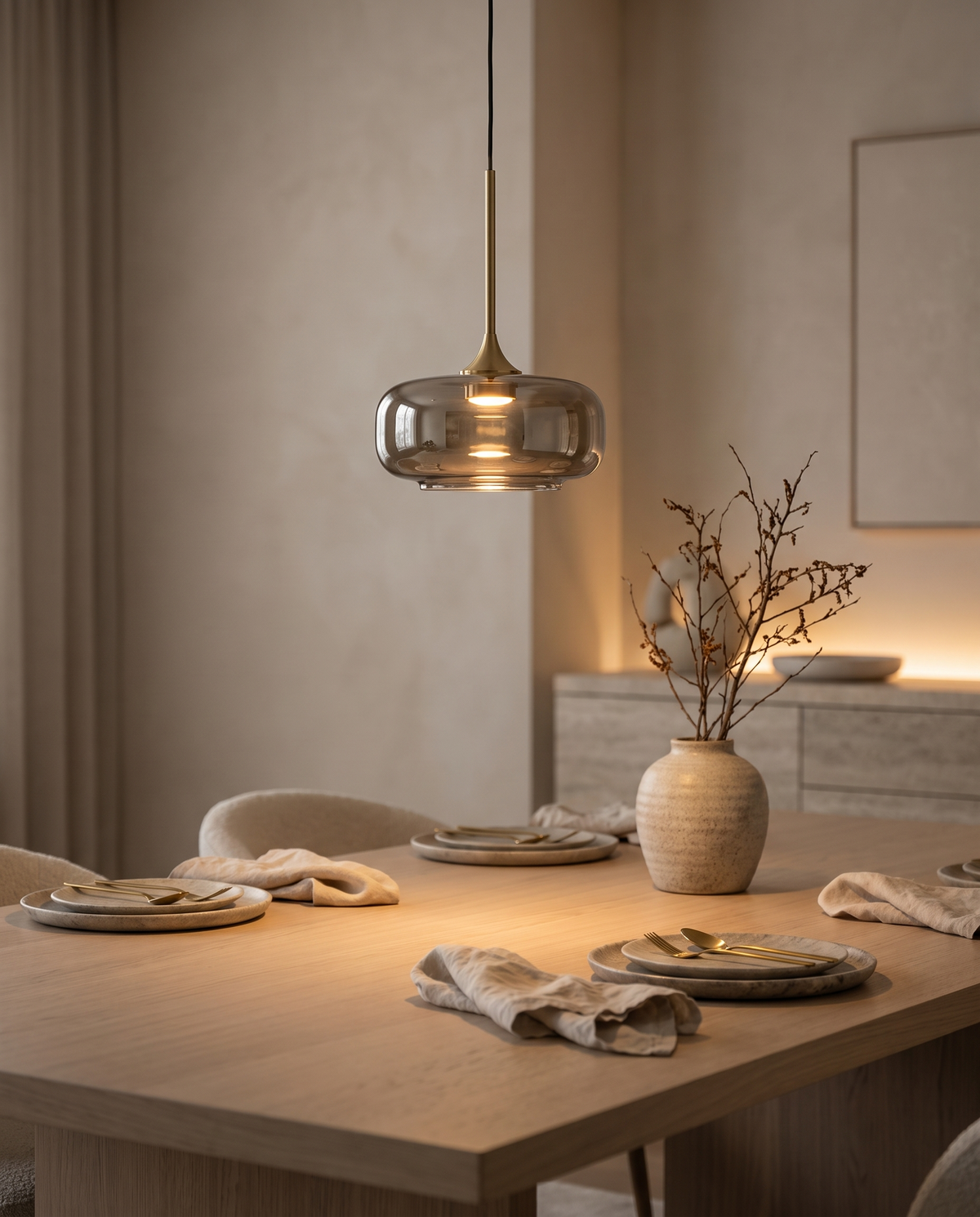 Pendant light hanging over a dining table